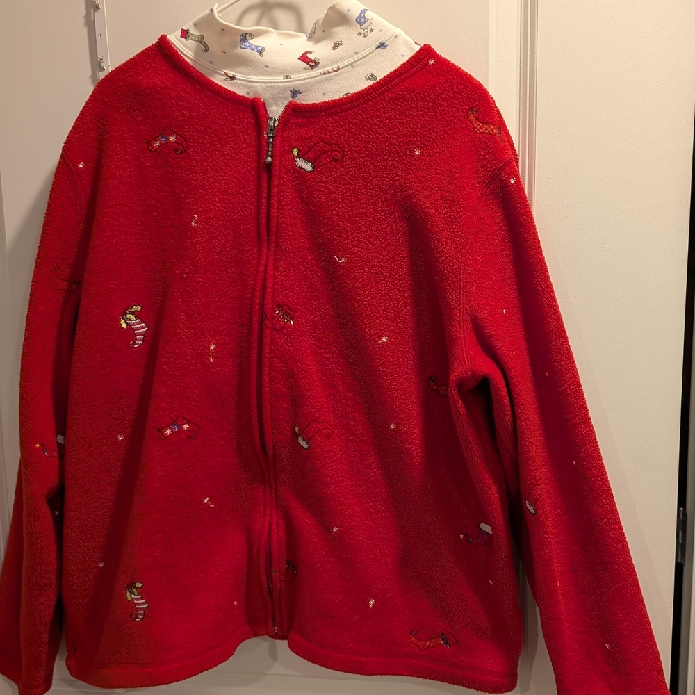 Vintage Christmas Fleece Jacket Mock Turtleneck Set Red Embroidered Y2K